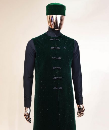 A Charcoal black long sleeve kaftan, Sacramento green velvet jacket, hat and sokoto African traditional senator kaftan native.