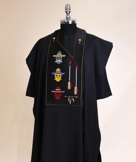 A Charcoal Black, skull And Arrow Metallic Wire Embroidery Gold And Silver Swarovski Stone Details Agbada