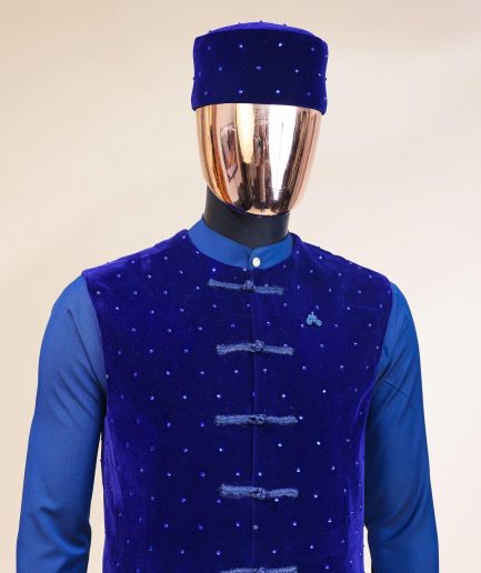 A Navy blue long sleeve kaftan, Admiral blue velvet jacket & mandarin buttons, hat and sokoto African traditional senator kaftan native.