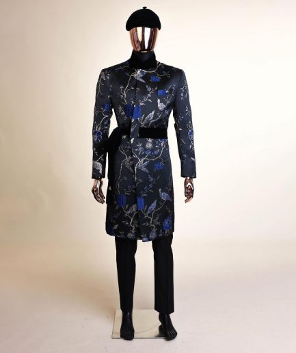 A Gold, black and blue double breasted safari suit, raven and forest metallic pattern jacquard