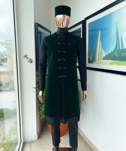 A Charcoal black long sleeve kaftan, Sacramento green velvet jacket, hat and sokoto African traditional senator kaftan native.