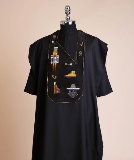 A Charcoal black, all stars, skull, bearded sailor & gold and silver Swarovski stone details agbada