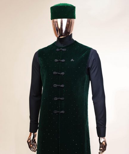 A Charcoal black long sleeve kaftan, Sacramento green velvet jacket, hat and sokoto African traditional senator kaftan native.
