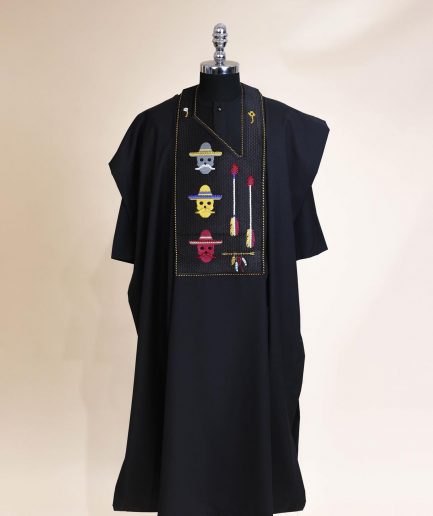 A Charcoal Black, skull And Arrow Metallic Wire Embroidery Gold And Silver Swarovski Stone Details Agbada