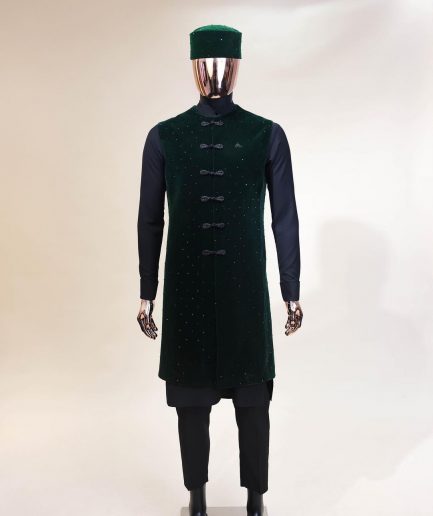 A Charcoal black long sleeve kaftan, Sacramento green velvet jacket, hat and sokoto African traditional senator kaftan native.