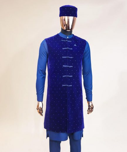 A Navy blue long sleeve kaftan, Admiral blue velvet jacket & mandarin buttons, hat and sokoto African traditional senator kaftan native.