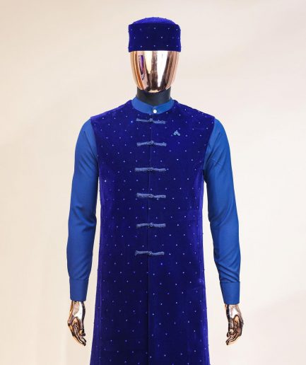 A Navy blue long sleeve kaftan, Admiral blue velvet jacket & mandarin buttons, hat and sokoto African traditional senator kaftan native.