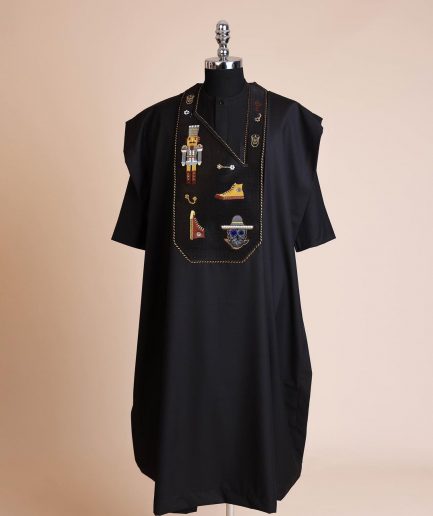 A Charcoal black, all stars, skull, bearded sailor & gold and silver Swarovski stone details agbada