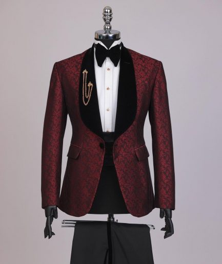 A splash of burgundy and black shawl lapel (black velvet) tuxedo suit