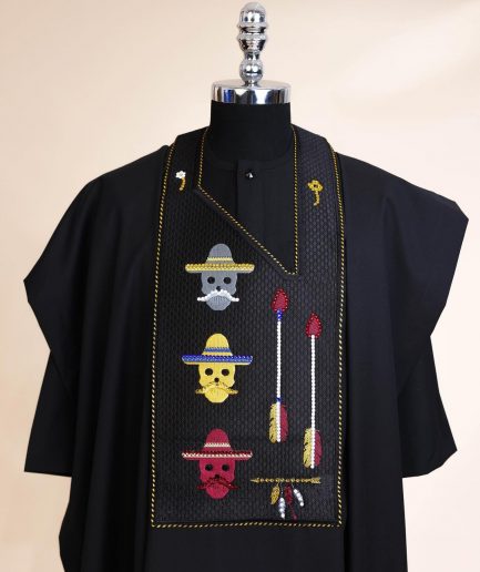 A Charcoal Black, skull And Arrow Metallic Wire Embroidery Gold And Silver Swarovski Stone Details Agbada