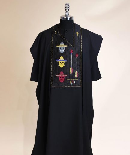 A Charcoal Black, skull And Arrow Metallic Wire Embroidery Gold And Silver Swarovski Stone Details Agbada