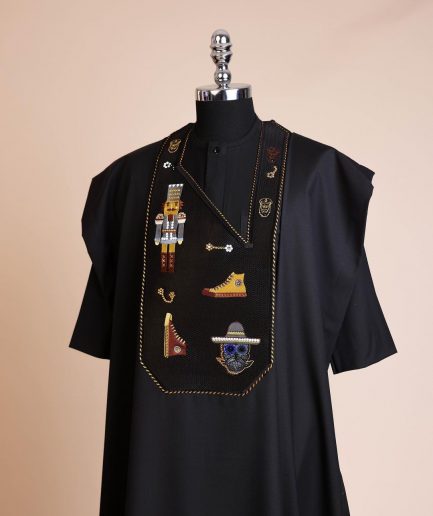 A Charcoal black, all stars, skull, bearded sailor & gold and silver Swarovski stone details agbada