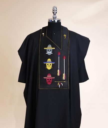 A Charcoal Black, skull And Arrow Metallic Wire Embroidery Gold And Silver Swarovski Stone Details Agbada