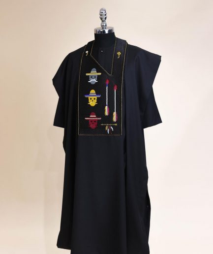 A Charcoal Black, skull And Arrow Metallic Wire Embroidery Gold And Silver Swarovski Stone Details Agbada