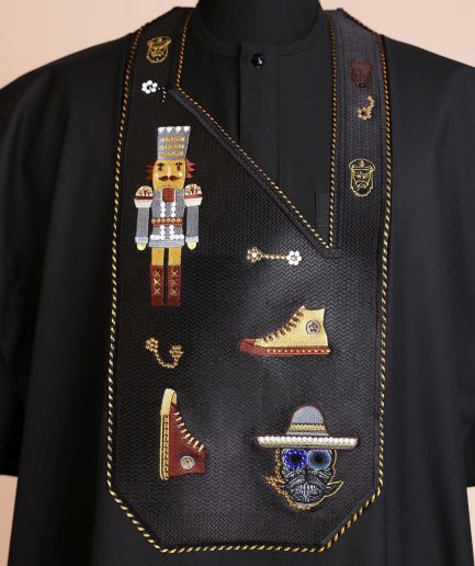 A Charcoal black, all stars, skull, bearded sailor & gold and silver Swarovski stone details agbada