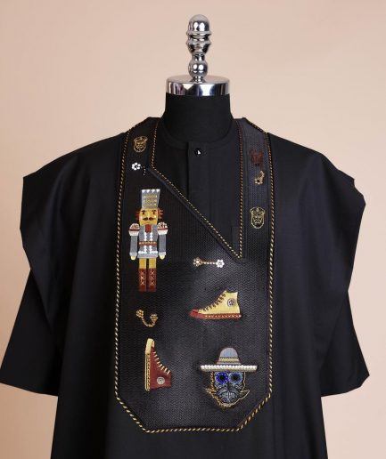 A Charcoal black, all stars, skull, bearded sailor & gold and silver Swarovski stone details agbada