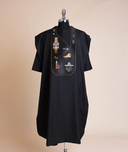 A Charcoal black, all stars, skull, bearded sailor & gold and silver Swarovski stone details agbada