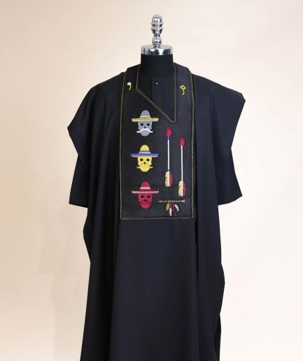 A Charcoal Black, skull And Arrow Metallic Wire Embroidery Gold And Silver Swarovski Stone Details Agbada