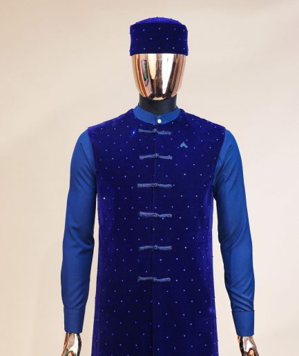 A Navy blue long sleeve kaftan, Admiral blue velvet jacket & mandarin buttons, hat and sokoto African traditional senator kaftan native.