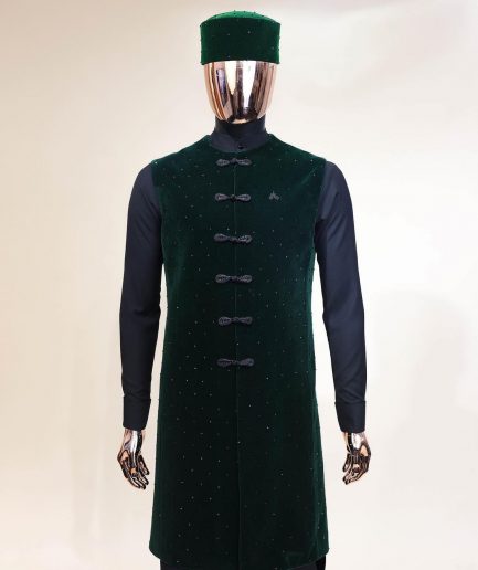 A Charcoal black long sleeve kaftan, Sacramento green velvet jacket, hat and sokoto African traditional senator kaftan native.