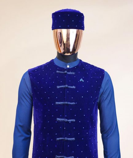 A Navy blue long sleeve kaftan, Admiral blue velvet jacket & mandarin buttons, hat and sokoto African traditional senator kaftan native.