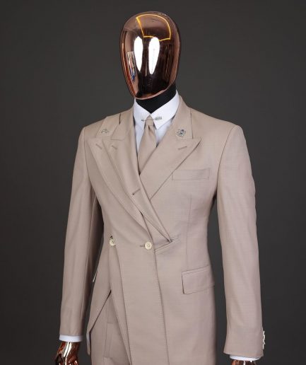 A “Yohji”, 2 buttons, Irish cream, deconstructed 3-layered knitted peak lapel suit