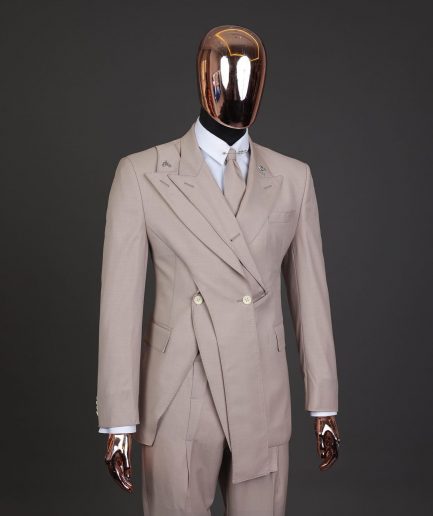 A “Yohji”, 2 buttons, Irish cream, deconstructed 3-layered knitted peak lapel suit