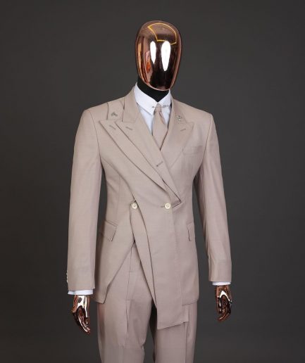 A “Yohji”, 2 buttons, Irish cream, deconstructed 3-layered knitted peak lapel suit