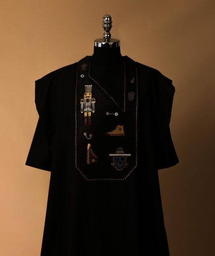 A Charcoal black, all stars, skull, bearded sailor & gold and silver Swarovski stone details agbada