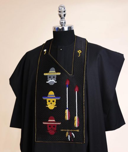 A Charcoal Black, skull And Arrow Metallic Wire Embroidery Gold And Silver Swarovski Stone Details Agbada