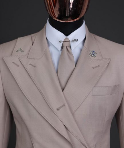 A “Yohji”, 2 buttons, Irish cream, deconstructed 3-layered knitted peak lapel suit