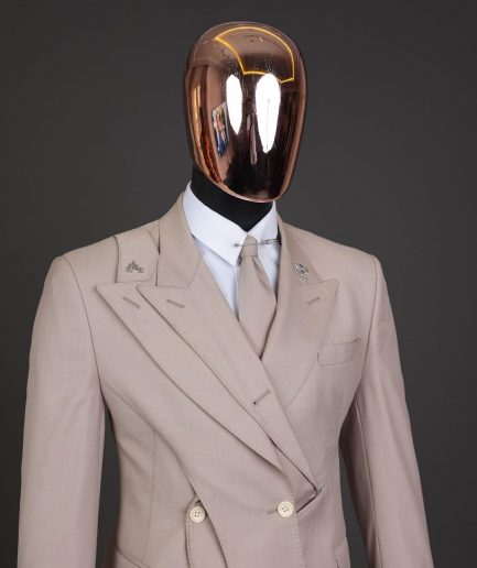 A “Yohji”, 2 buttons, Irish cream, deconstructed 3-layered knitted peak lapel suit