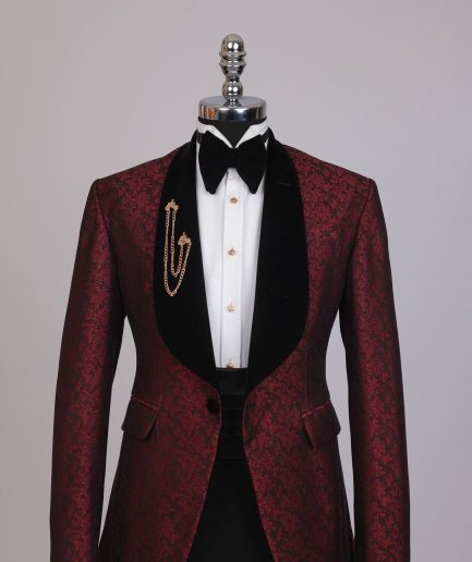 A splash of burgundy and black shawl lapel (black velvet) tuxedo suit