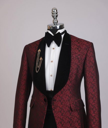 A splash of burgundy and black shawl lapel (black velvet) tuxedo suit