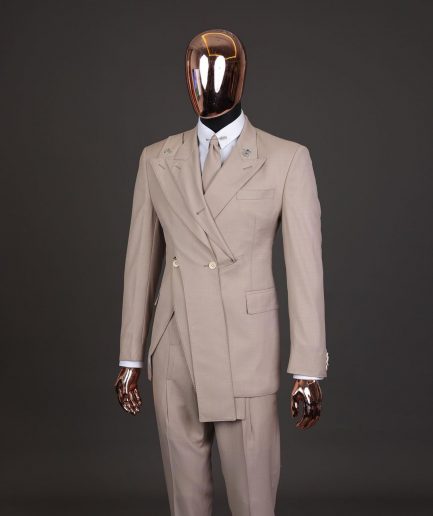 A “Yohji”, 2 buttons, Irish cream, deconstructed 3-layered knitted peak lapel suit