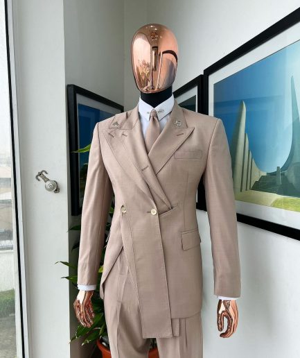 A “Yohji”, 2 buttons, Irish cream, deconstructed 3-layered knitted peak lapel suit