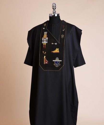 A Charcoal black, all stars, skull, bearded sailor & gold and silver Swarovski stone details agbada