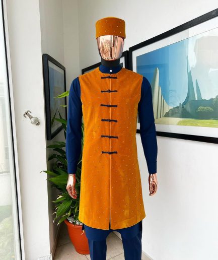 A Navy blue long sleeve kaftan, Mustard velvet jacket  Swarovski stone