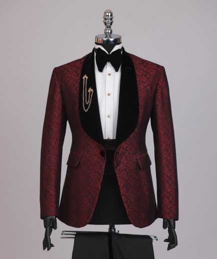 A splash of burgundy and black shawl lapel (black velvet) tuxedo suit