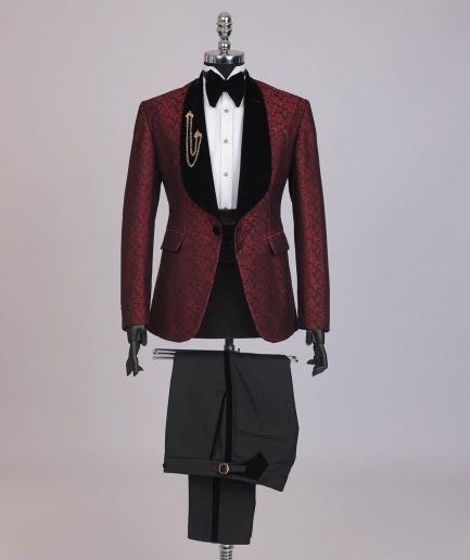 A splash of burgundy and black shawl lapel (black velvet) tuxedo suit
