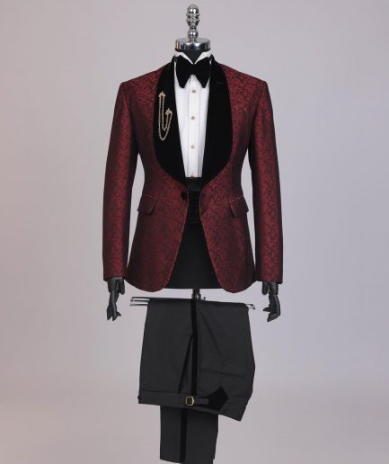 A splash of burgundy and black shawl lapel (black velvet) tuxedo suit