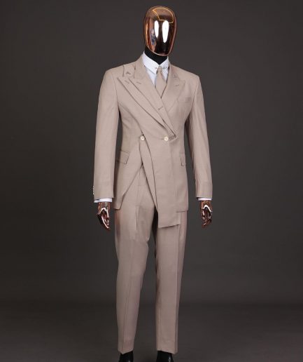 A “Yohji”, 2 buttons, Irish cream, deconstructed 3-layered knitted peak lapel suit