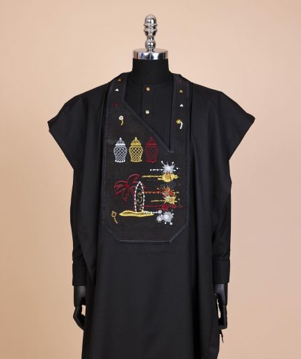 A Charcoal Black, Summer Palm Tree, Pastle Paint Splatter Silver Swarovski Stone Details Agbada