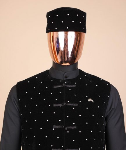 A Charcoal black long sleeve kaftan, Matching velvet jacket , hat and sokoto African traditional senator kaftan native.