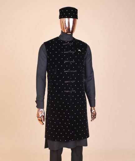 A Charcoal black long sleeve kaftan, Matching velvet jacket , hat and sokoto African traditional senator kaftan native.