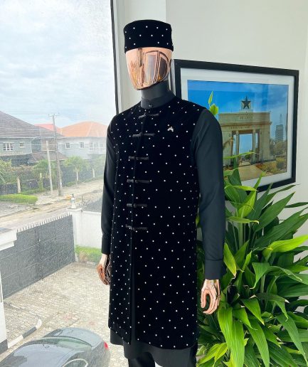 A Charcoal black long sleeve kaftan, Matching velvet jacket , hat and sokoto African traditional senator kaftan native.