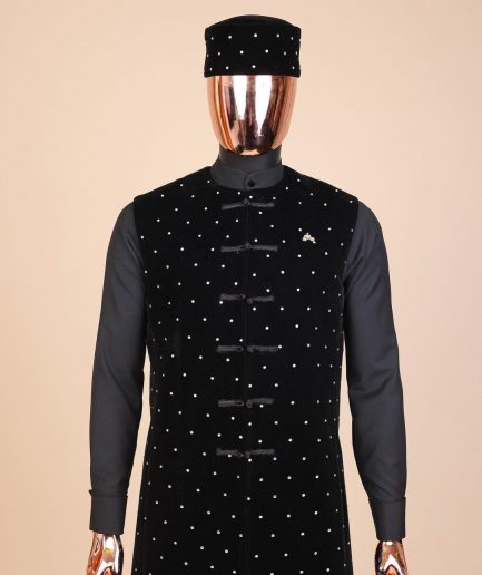 A Charcoal black long sleeve kaftan, Matching velvet jacket , hat and sokoto African traditional senator kaftan native.