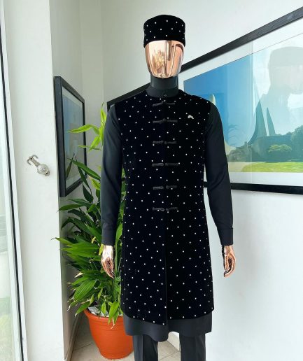 A Charcoal black long sleeve kaftan, Matching velvet jacket , hat and sokoto African traditional senator kaftan native.