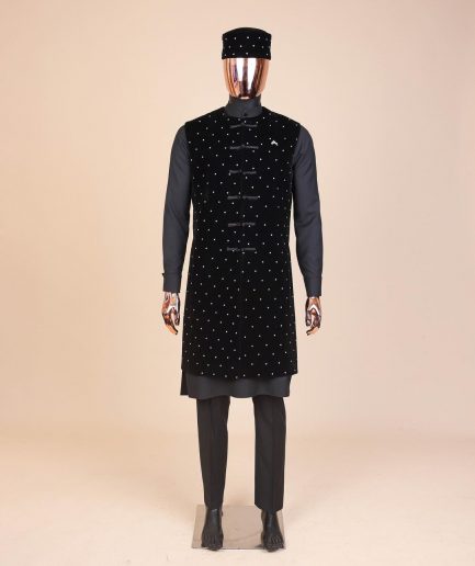 A Charcoal black long sleeve kaftan, Matching velvet jacket , hat and sokoto African traditional senator kaftan native.