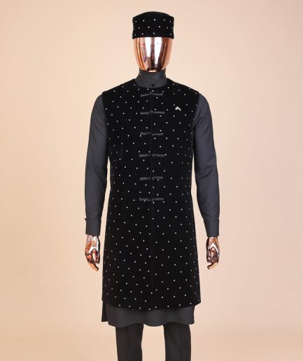 A Charcoal black long sleeve kaftan, Matching velvet jacket , hat and sokoto African traditional senator kaftan native.